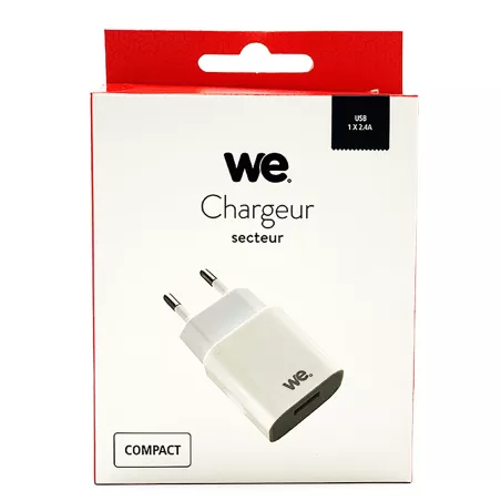 Chargeur Secteur WE 12W – 1 Port USB 2.4A Blanc | Disponible à Mayotte