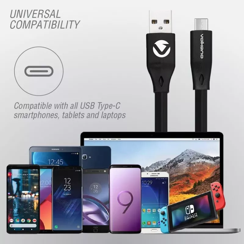 Volkano Slim Series Type-C Cable 1.2m – Câble plat USB-C rapide et durable | Disponible à Mayotte