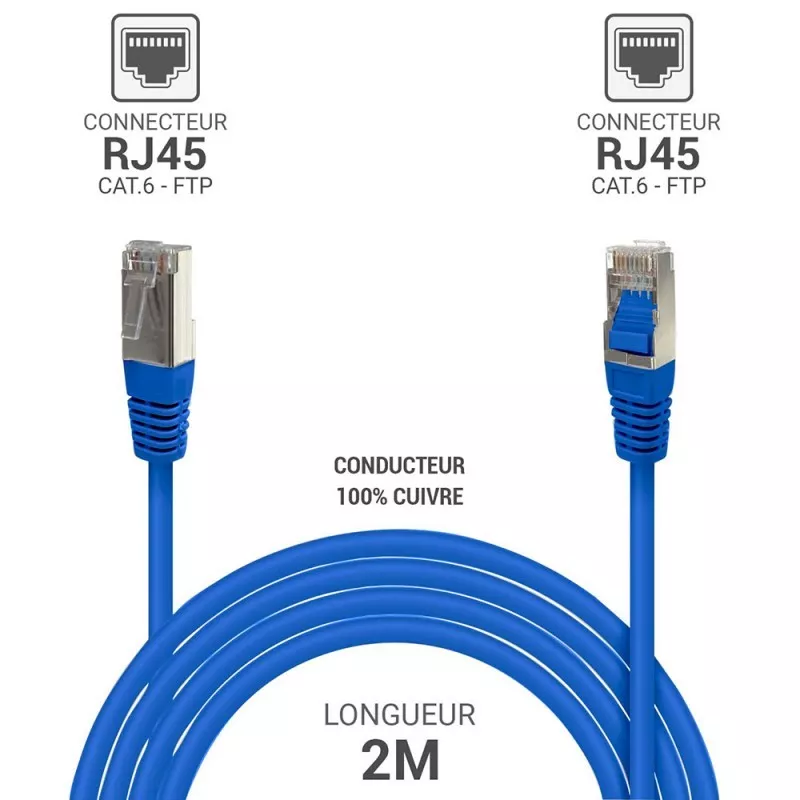 câble réseau RJ45 FTP Cat.6 blindé 2 m bleu %manufacturer% - MAY PLAY-TECH Mayotte