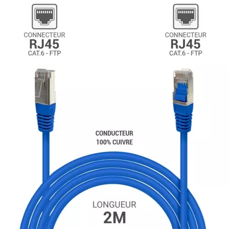 Câble RJ45 Cat.6 FTP 2 m Bleu – Blindé, 1 Gbps, Réf. 842204 | Disponible à Mayotte