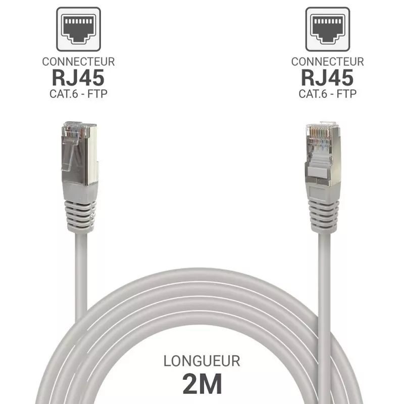 câble réseau RJ45 FTP Cat.6 blindé 2 m Gris %manufacturer% - MAY PLAY-TECH Mayotte