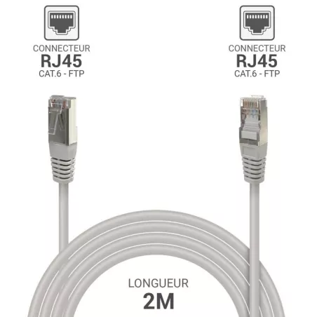 Câble RJ45 Cat.6 FTP 2 m Gris – Blindé, 1 Gbps | Disponible à Mayotte