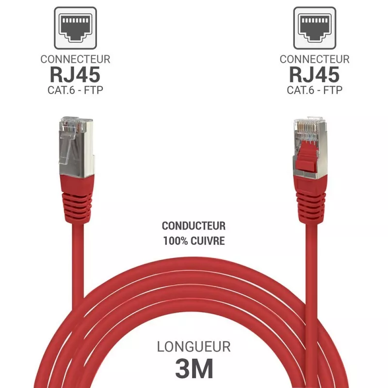 Câble réseau RJ45 FTP Cat.6 blindé 3 m Rouge %manufacturer% - MAY PLAY-TECH Mayotte