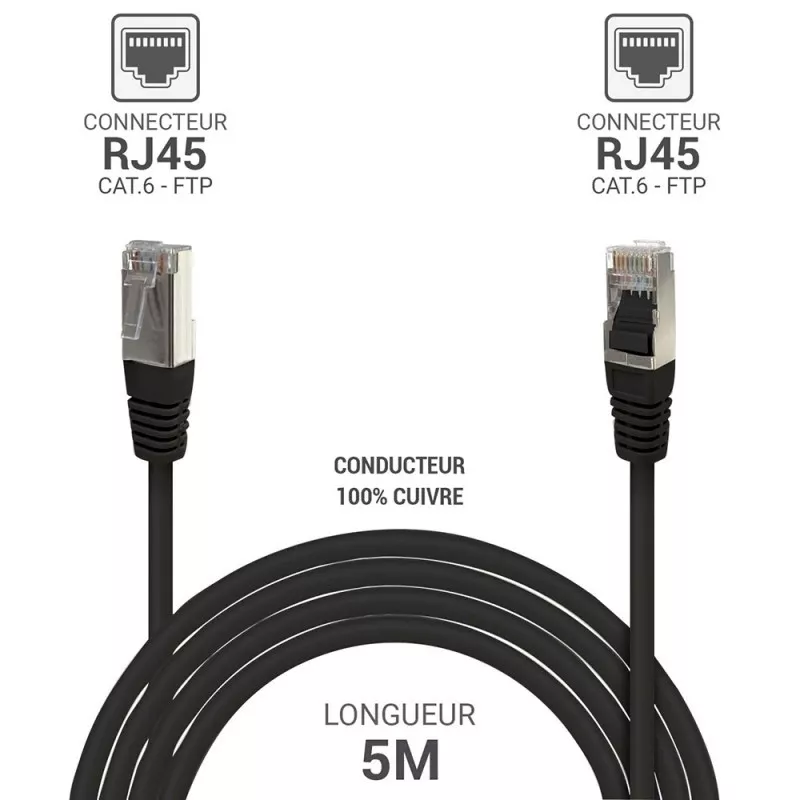 câble réseau RJ45 FTP Cat.6 blindé 5M Noir %manufacturer% - MAY PLAY-TECH Mayotte