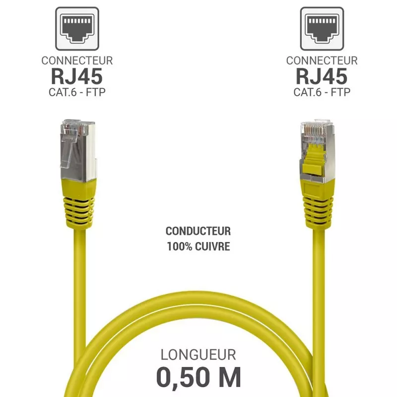 Câble Réseau RJ45 FTP Cat.6 Blindé 0.5m jaune - Connexion Rapide et Fiable à Mamoudzou