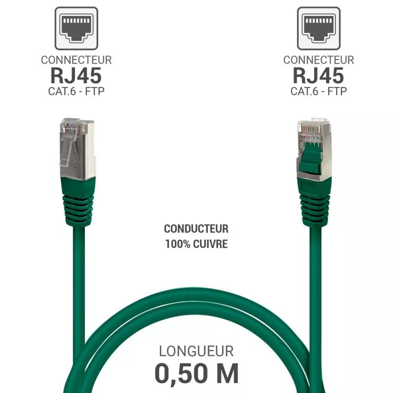 Câble Réseau RJ45 FTP Cat.6 Blindé 0.5m vert - Connexion Rapide et Fiable à Mamoudzou