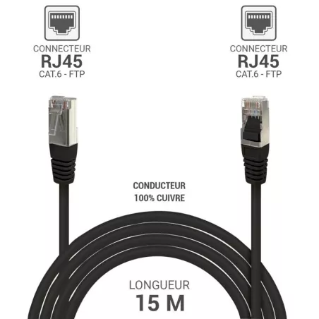 Câble RJ45 Cat.6 FTP 15 m noir – Blindé, 1 Gbps, Réf. 234270 | Disponible à Mayotte