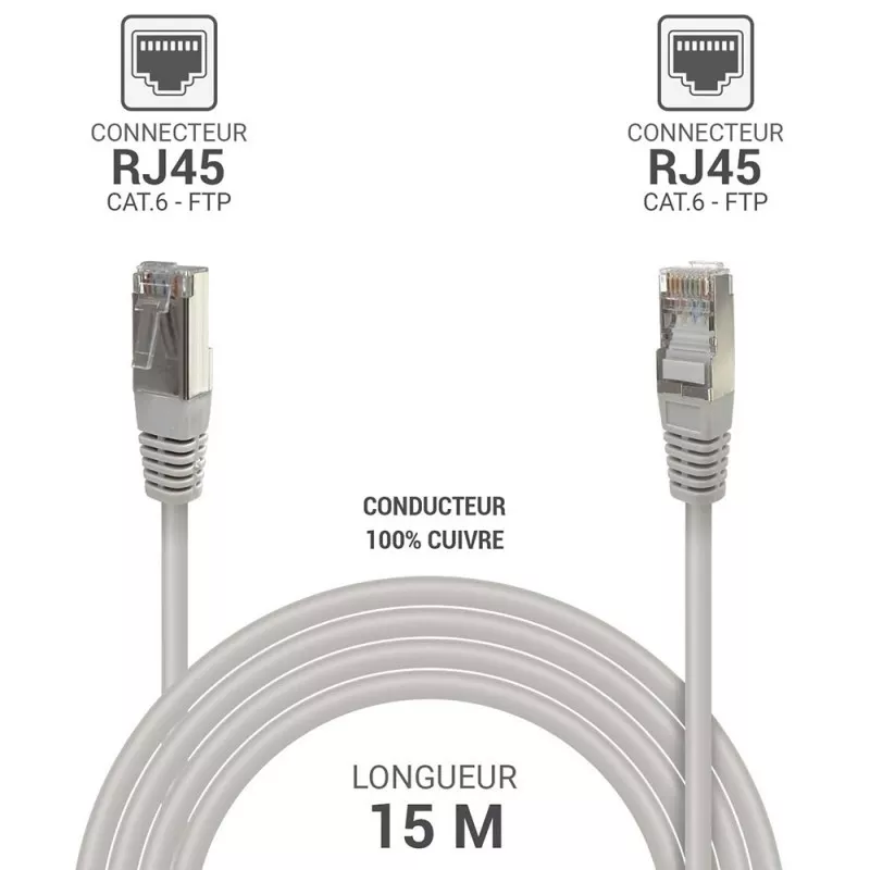 Câble RJ45 Cat.6 FTP 15 m Blanc – Blindé, 1 Gbps, Réf. 853817| Disponible à Mayotte