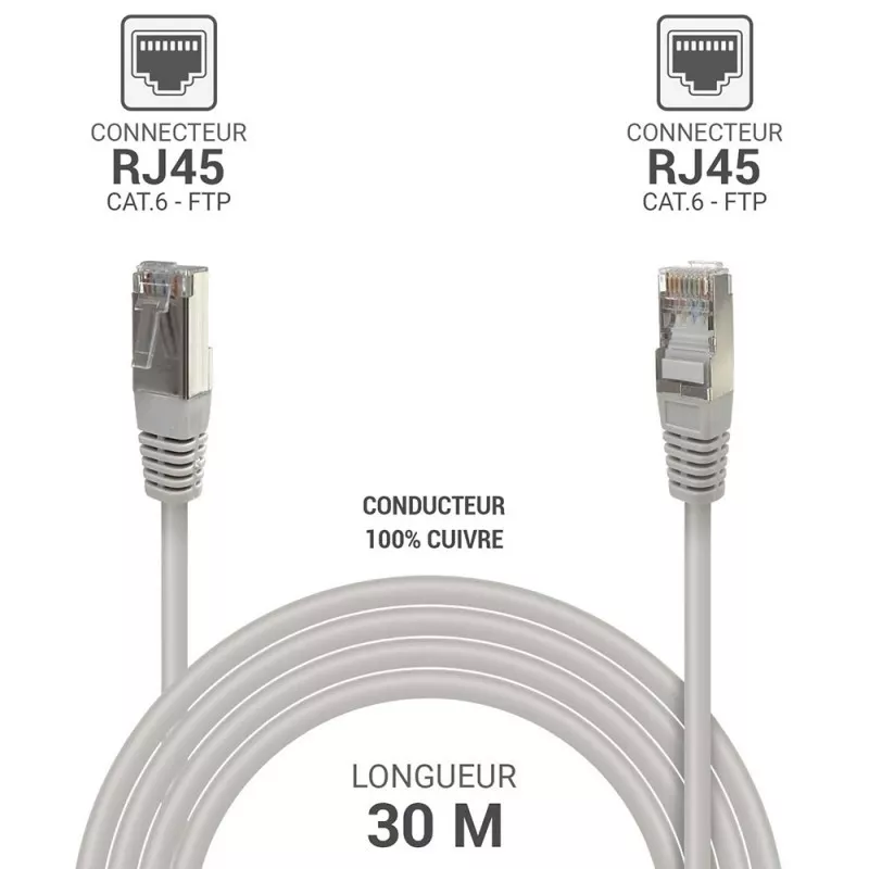 Câble réseau RJ45 FTP Cat.6 blindé 30 m Gris - MAY PLAY-TECH Mayotte